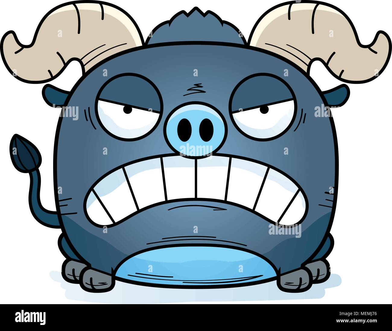 A cartoon illustration of a little blue ox with an angry expression ...
