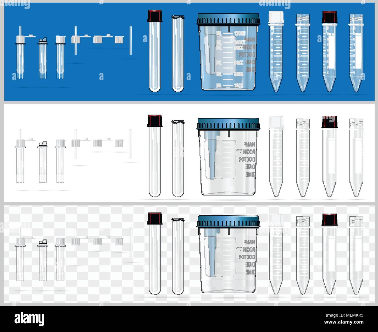 Sterile containers for analysis. Open and closed containers. Set of