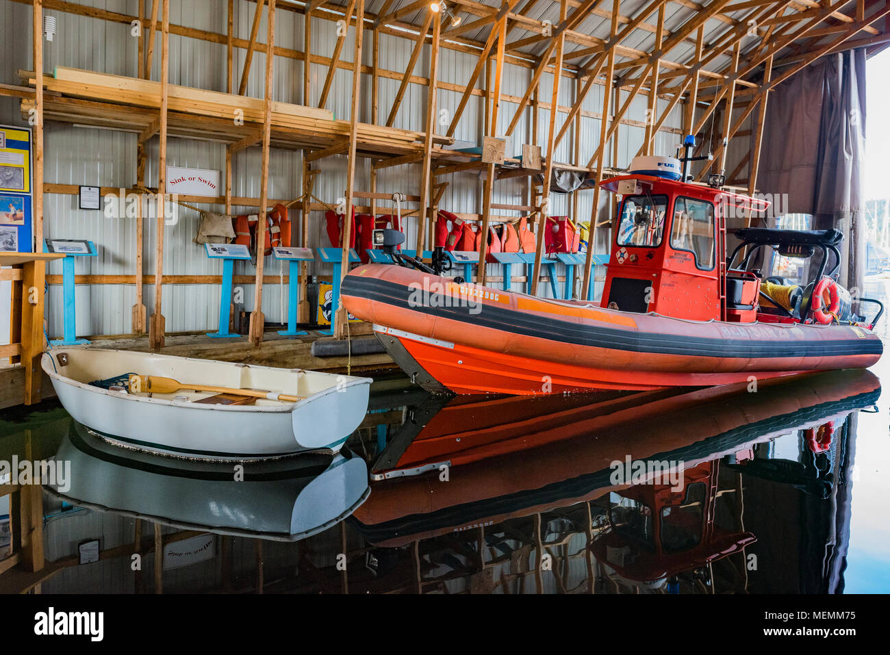 Zodiac boat in Heritage Boat Shed, marina, Ladysmith, Vancouver Island