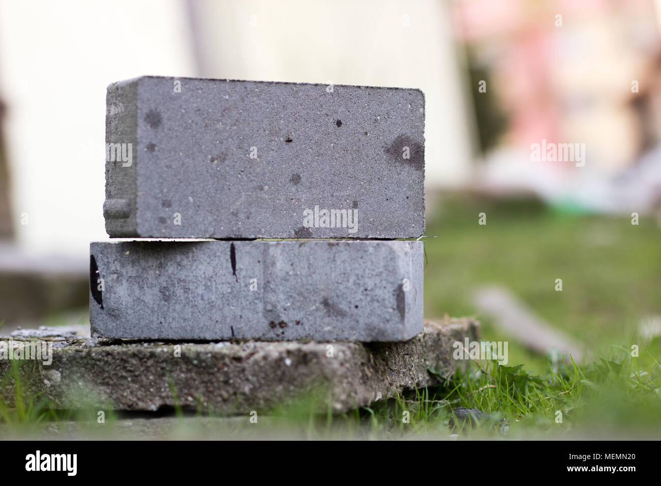Concrete block used in construction. Building materials for paverists. Season of the spring. Stock Photo