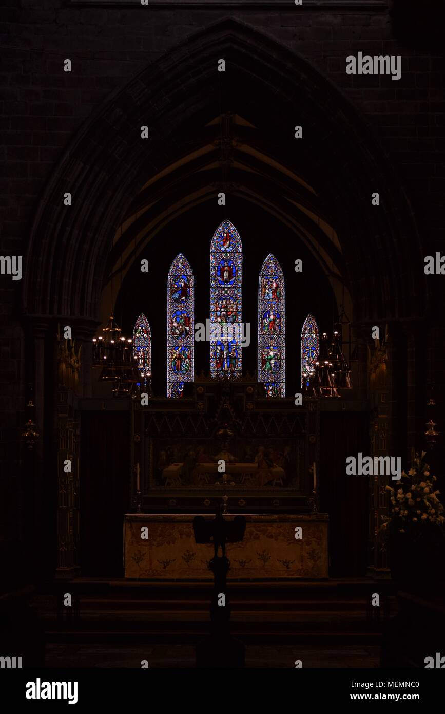 Chester cathedral's Lady chapel's Lancet Gothic windows looking through the choir from the Rood Screen Stock Photo