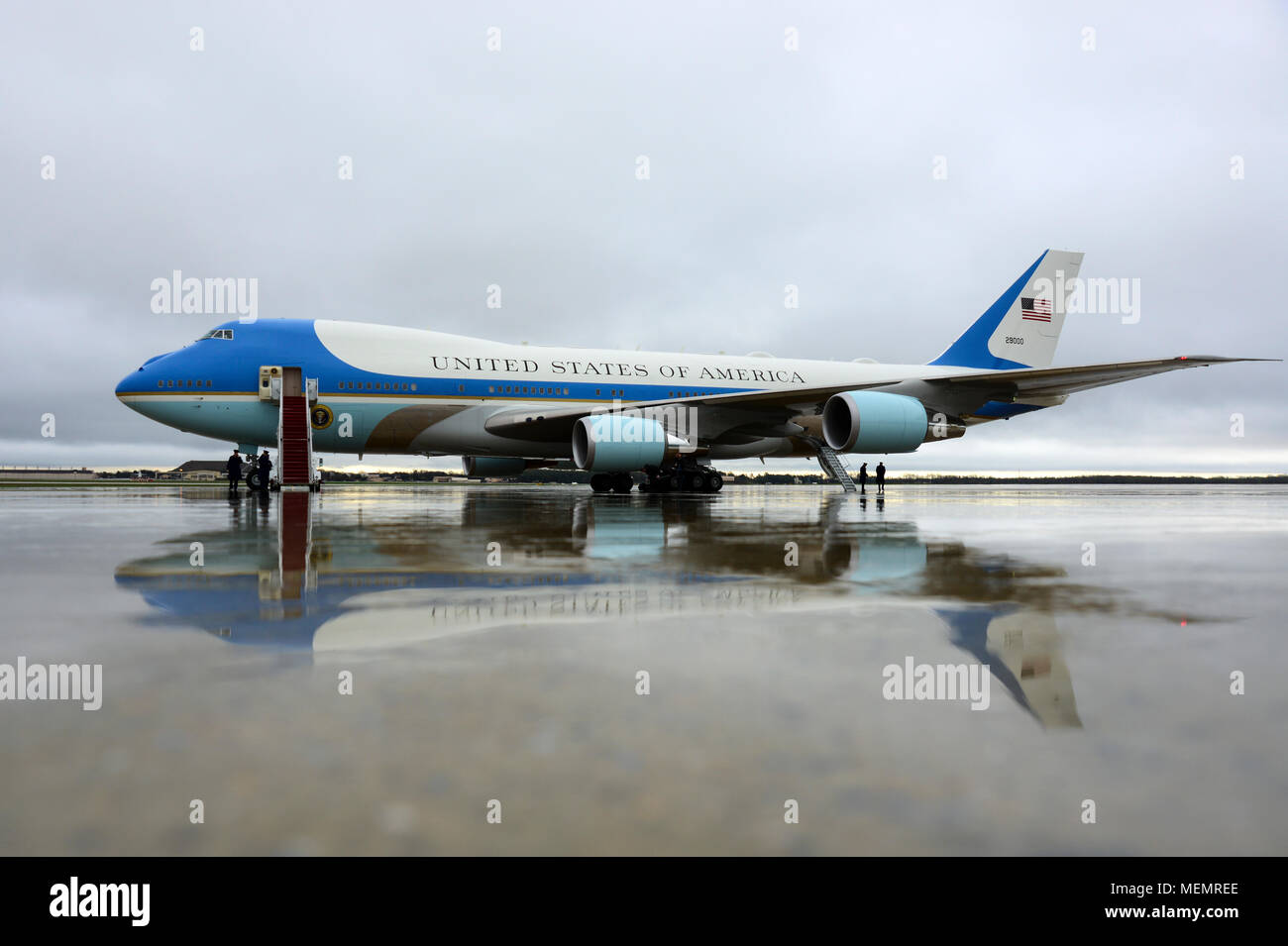 Air Force One is prepped for departure just outside of the 89th Airlift Wing Passenger Terminal on Joint Base Andrews, Md., April 16, 2018. President of the United States Donald J. Trump departed JBA on board Air Force One in route to West Palm Beach, Fla. The 89th AW provides global Special Air Mission airlift, logistics, aerial port and communications for the president, vice president, cabinet members, combatant commanders and other senior military and elected leaders as tasked by the White House, Air Force chief of staff and Air Mobility Command. (U.S. Air Force Photo/Staff Sgt. Kenny Holst Stock Photo