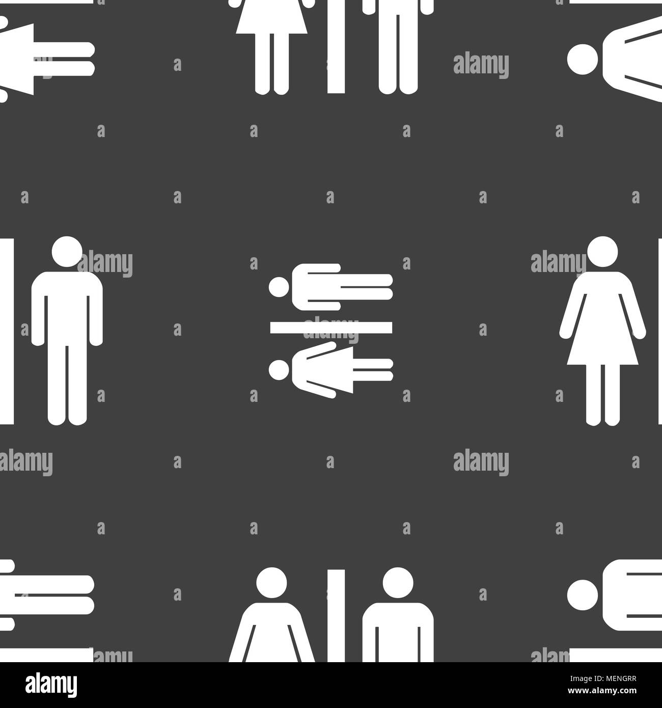 silhouette of a man and a woman icon sign. Seamless pattern on a gray ...