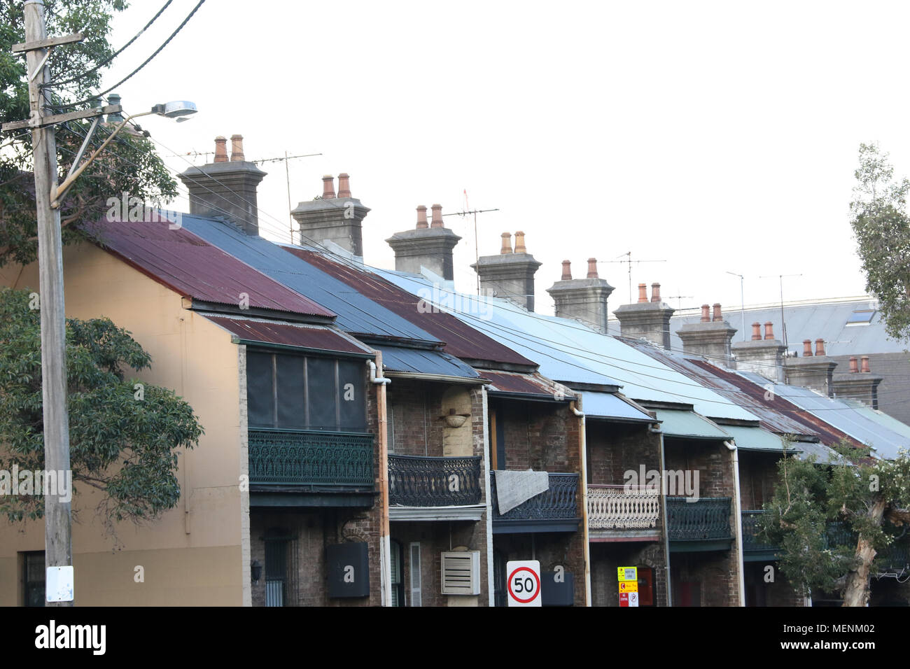 Chimneys on terraced houses on Cleveland Street, Chippendale, Sydney