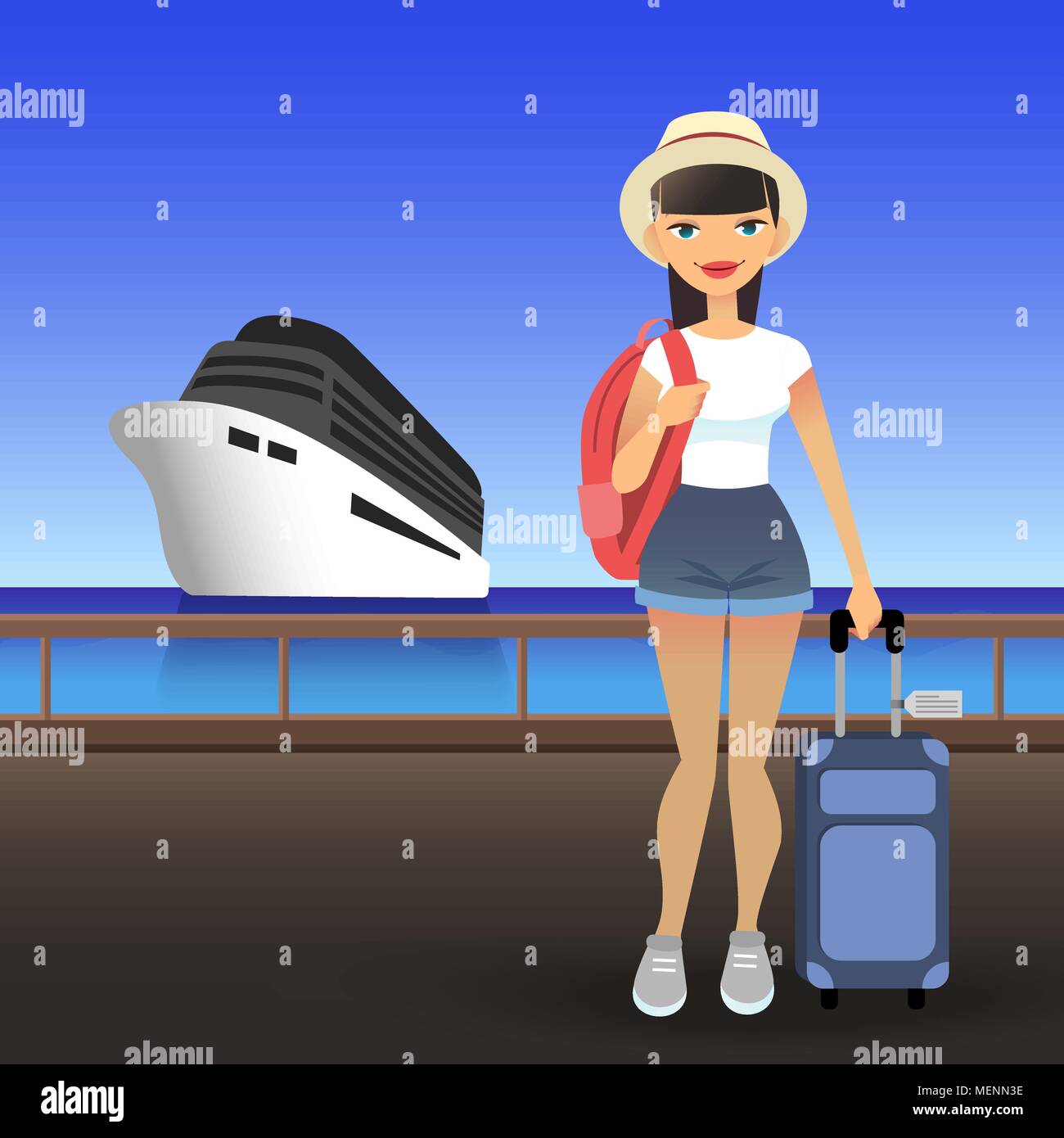 Young woman wearing casual clothes at port. Cartoon flat girl goes on cruise on ship. Traveler lady in the hat is standing on the pier with a suitcase and a backpack. Stock Vector