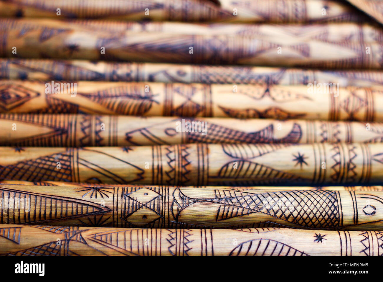 hand made wooden bamboo carving engraved fish figure artwork on bamboo