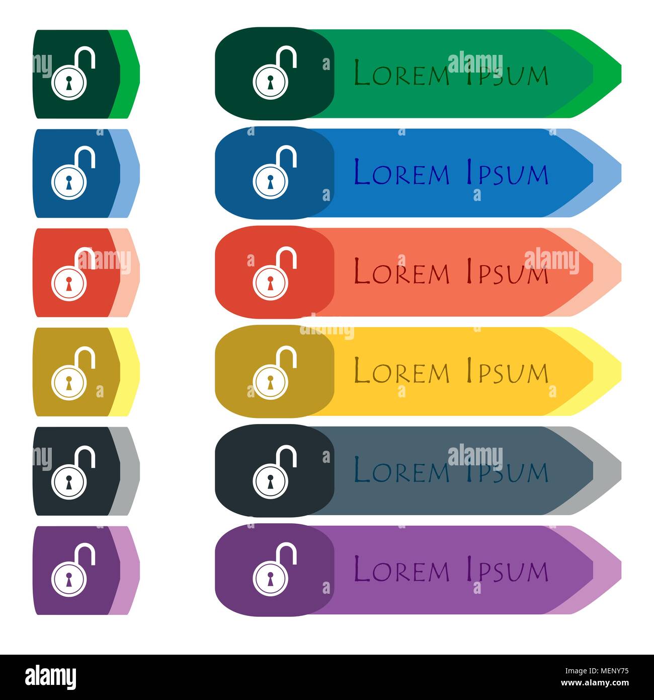 open lock icon sign. Set of colorful, bright long buttons with additional small modules. Flat design. Vector Stock Vector