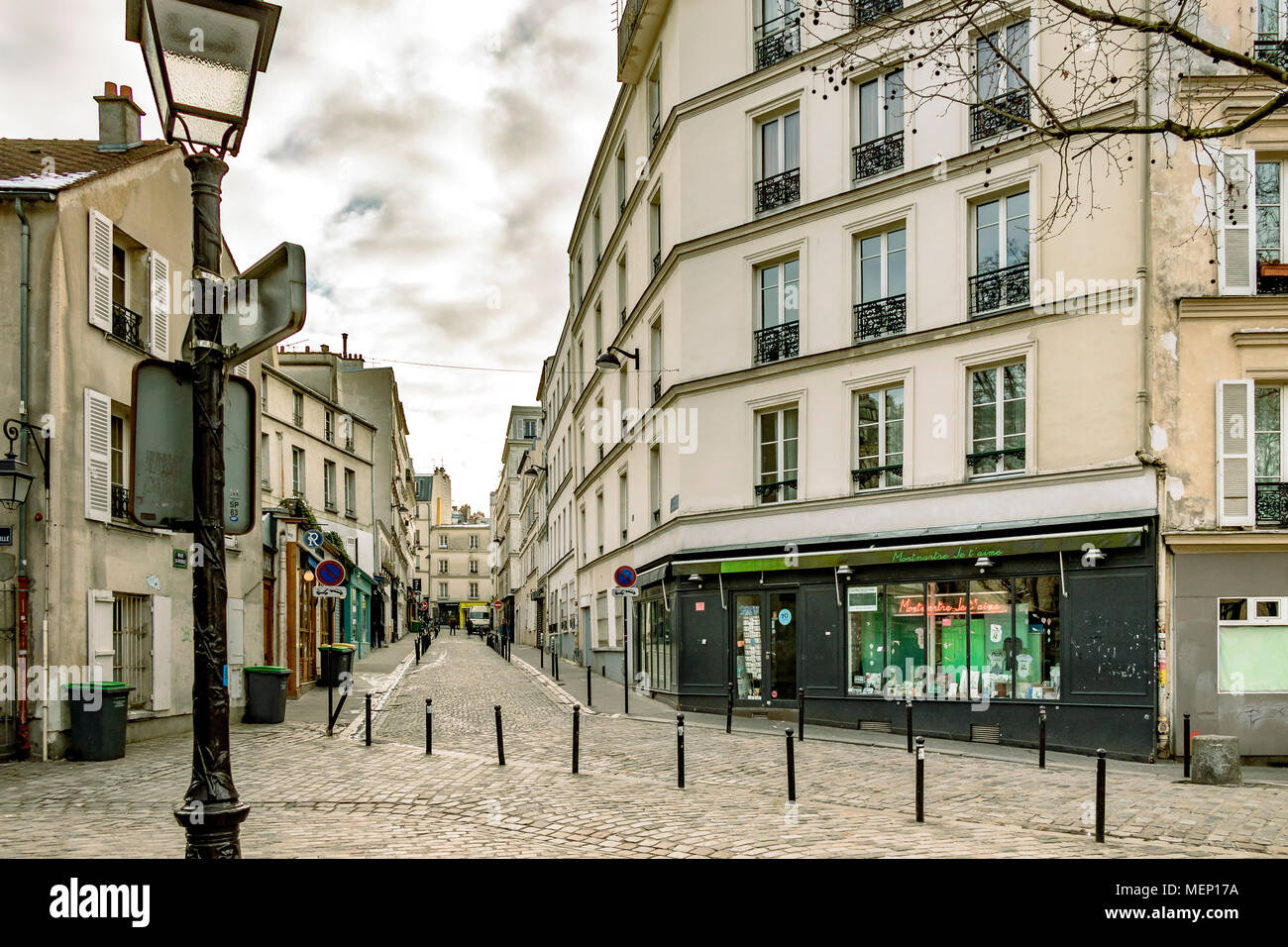Rue la Vieuville ,A street in Montmartre ,Paris , near Abbesses Metro Station Stock Photo
