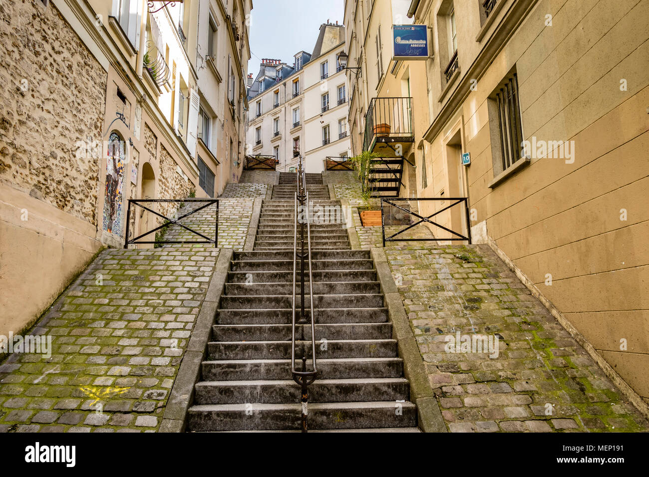 Steep, stone steps of Passage de Abbesses in Montmartre ,Paris,France Stock Photo