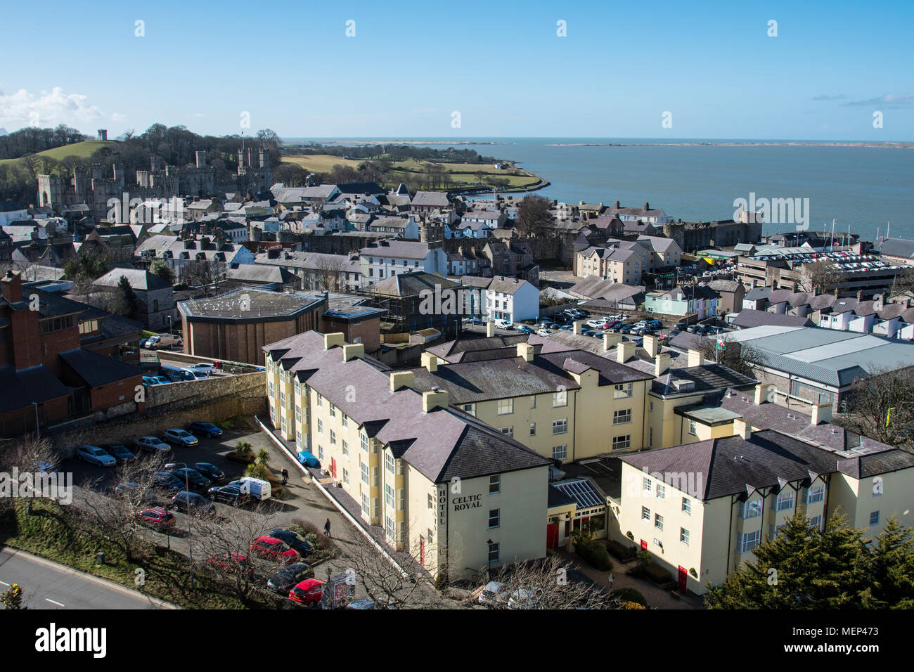 Rooftop view of the North Wales town of Caernarfon and castle. Stock Photo