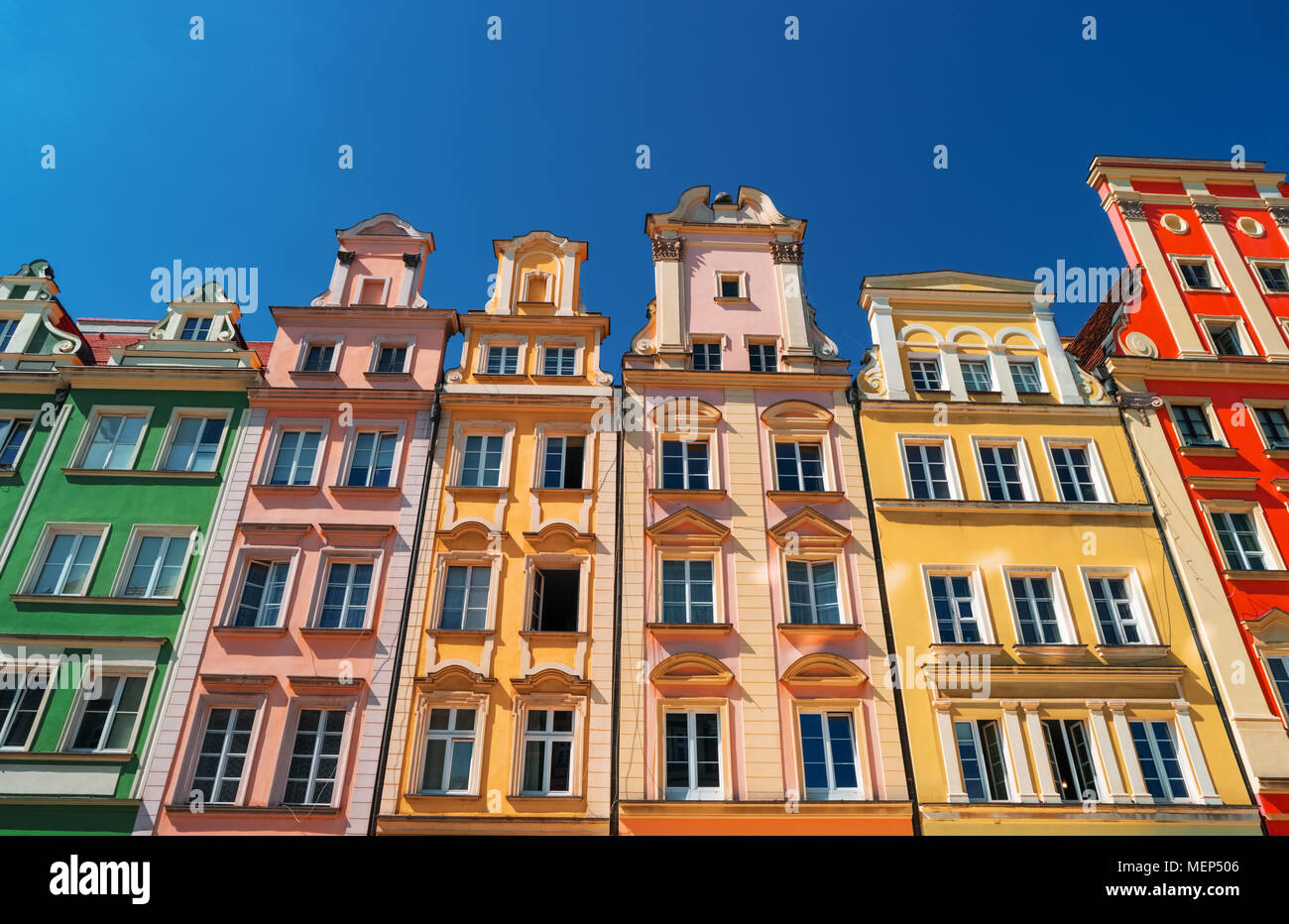 Colorful houses on Market square, Wroclaw, Poland. Townhouses in medieval market square, rynek. City centre, ancient homes. Tenement houses, popular l Stock Photo