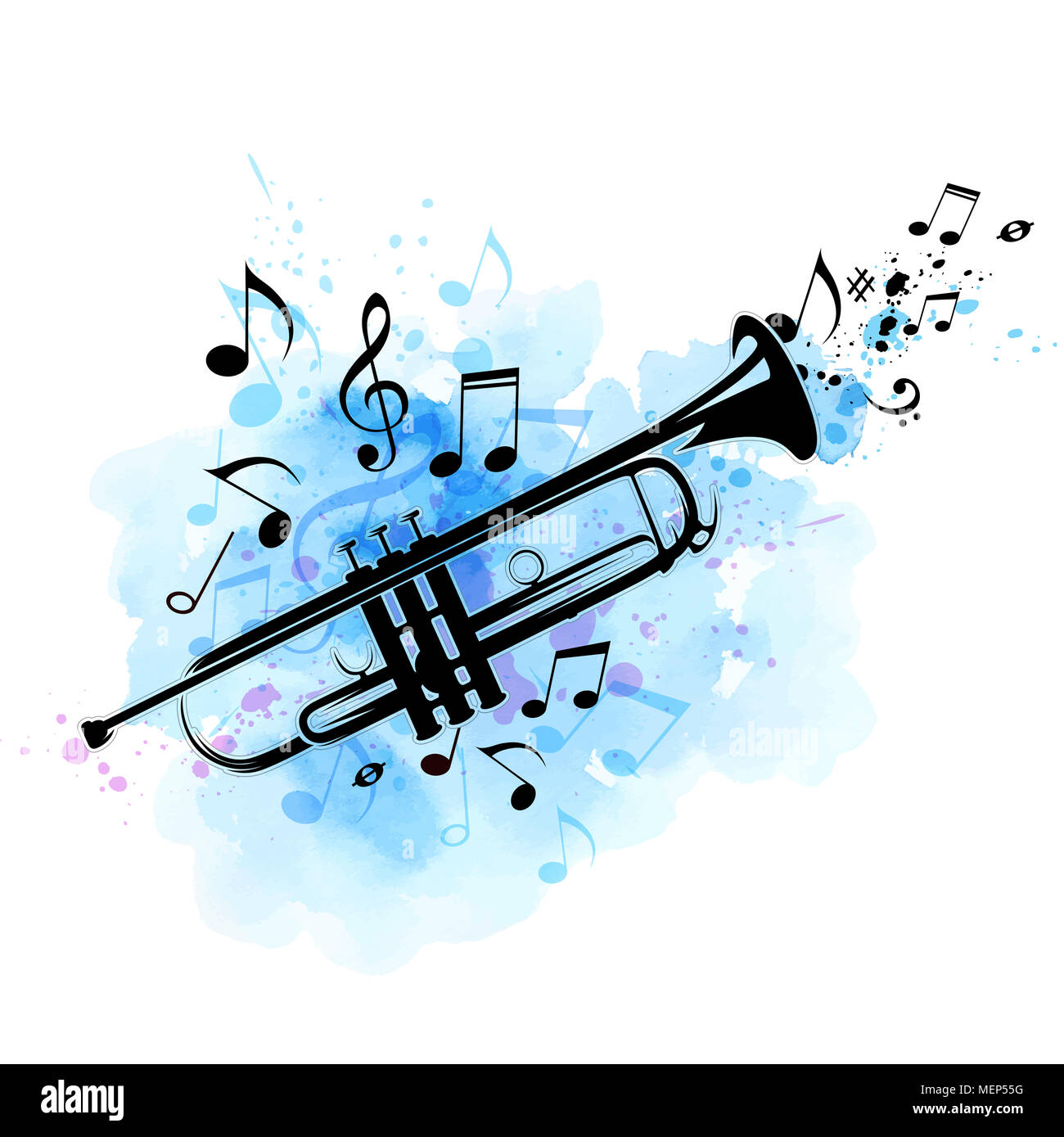 Music abstract background with black trumpet, notes and blue watercolor