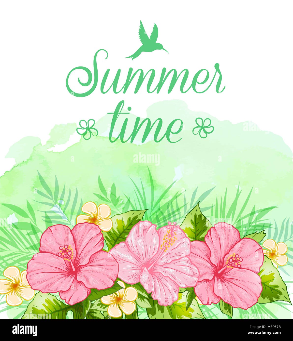 Summer tropical background with palm leaves, red hibiscus flowers and ...