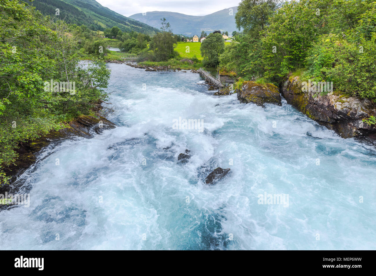 riverscape of the valley Oldedalen, whitewater near Olden at the Nordfjorden, Norway, municipality Stryn, Sogn og Fjordane county Stock Photo