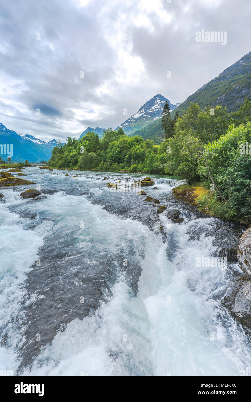 riverscape of the valley Oldedalen, whitewater near Olden at the Nordfjorden, Norway, municipality Stryn, Sogn og Fjordane county Stock Photo