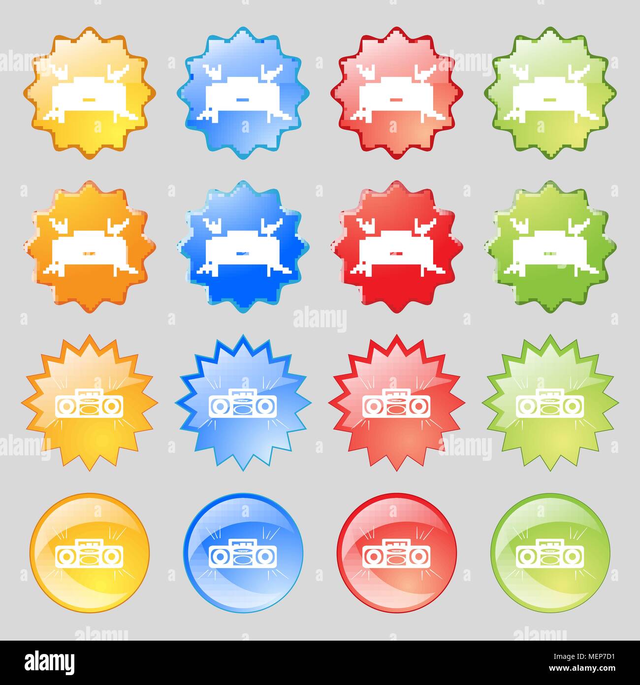 Radio cassette player icon sign. Big set of 16 colorful modern buttons ...