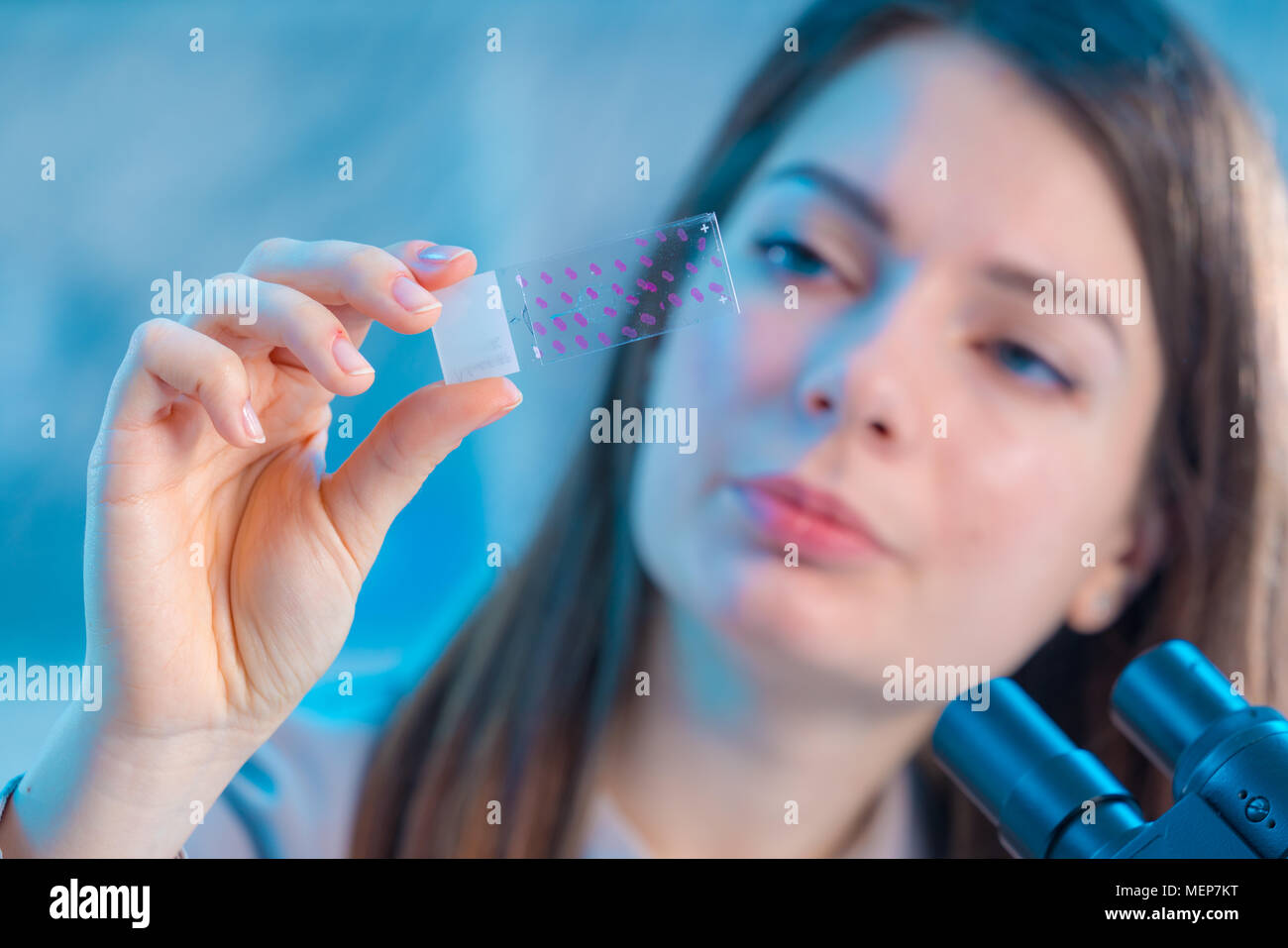 female technician take sample on microscope slide Stock Photo - Alamy