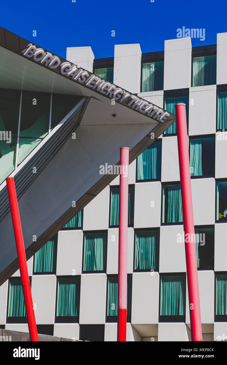 DUBLIN, IRELAND - April 21st, 2018: architectural details of the Bord Gais Theatre and the Marker Hotel in the renovated Docklands area shot on a sunn Stock Photo