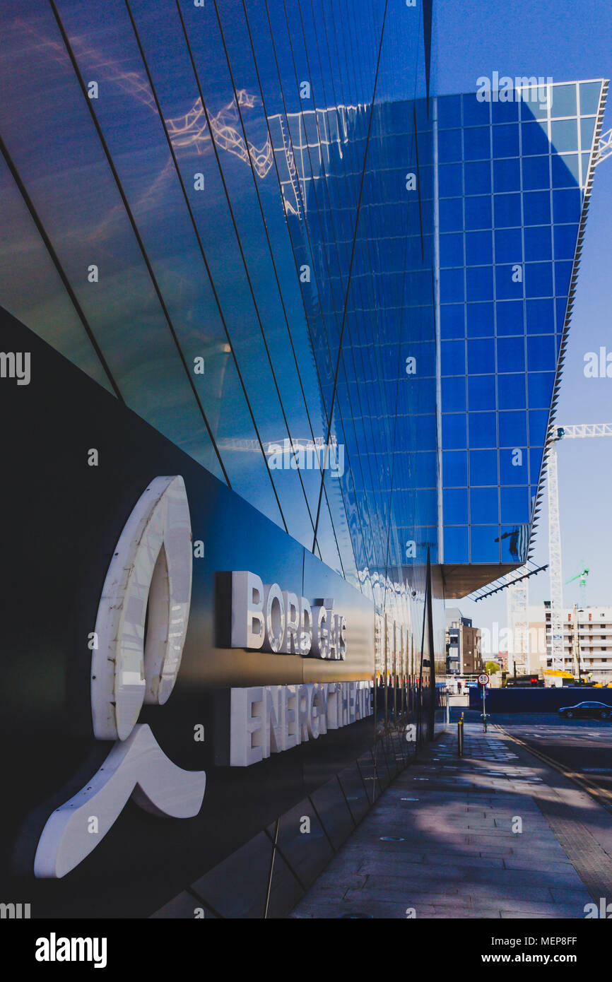 DUBLIN, IRELAND - April 21st, 2018: architectural details of the Bord Gais Theatre in the renovated Docklands area shot on a sunny day Stock Photo