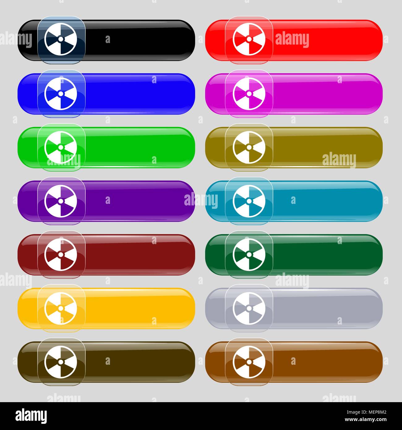 radioactive icon sign. Set from fourteen multi-colored glass buttons ...