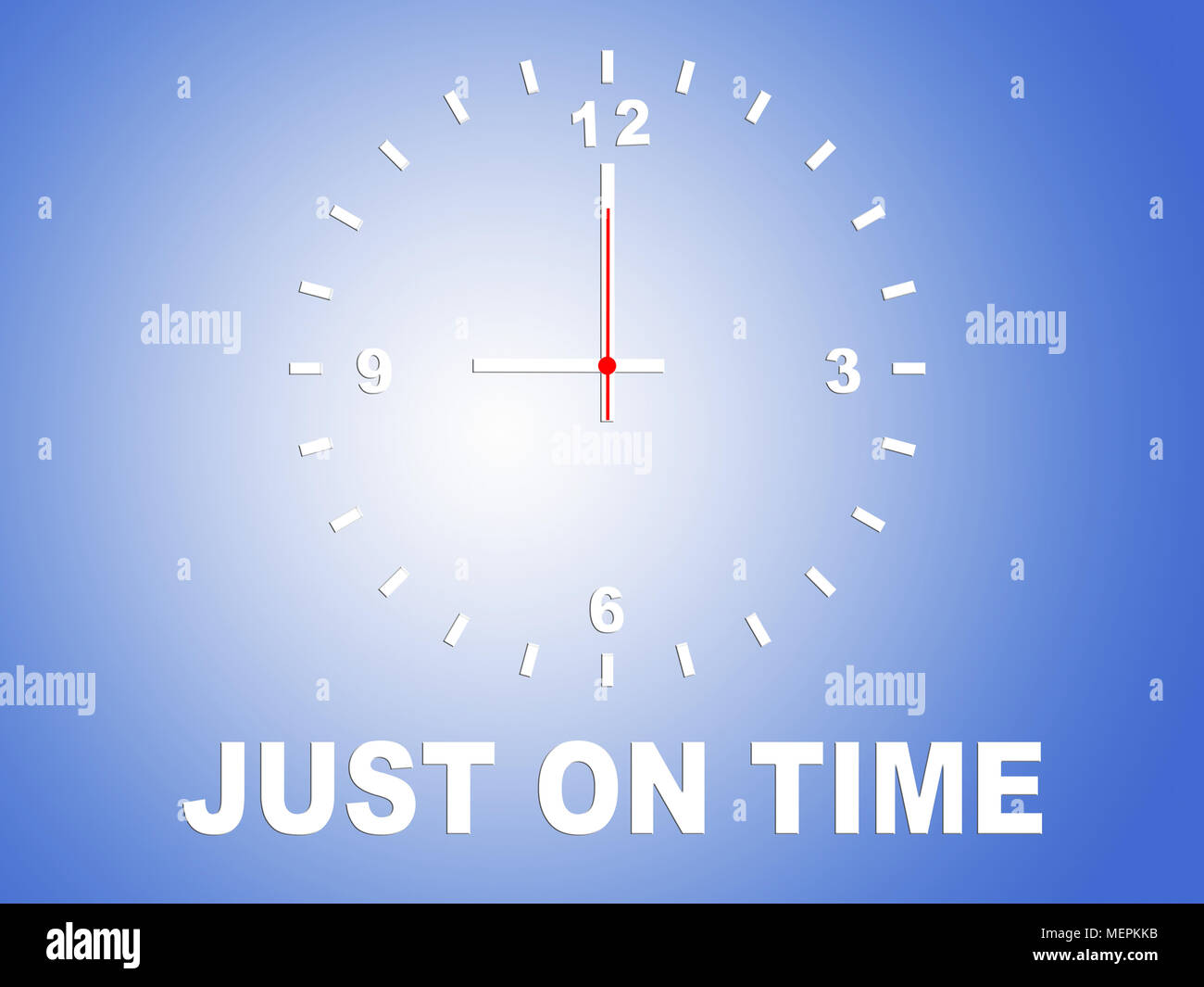 3D illustration of JUST ON TIME title with a clock and blue gradient as