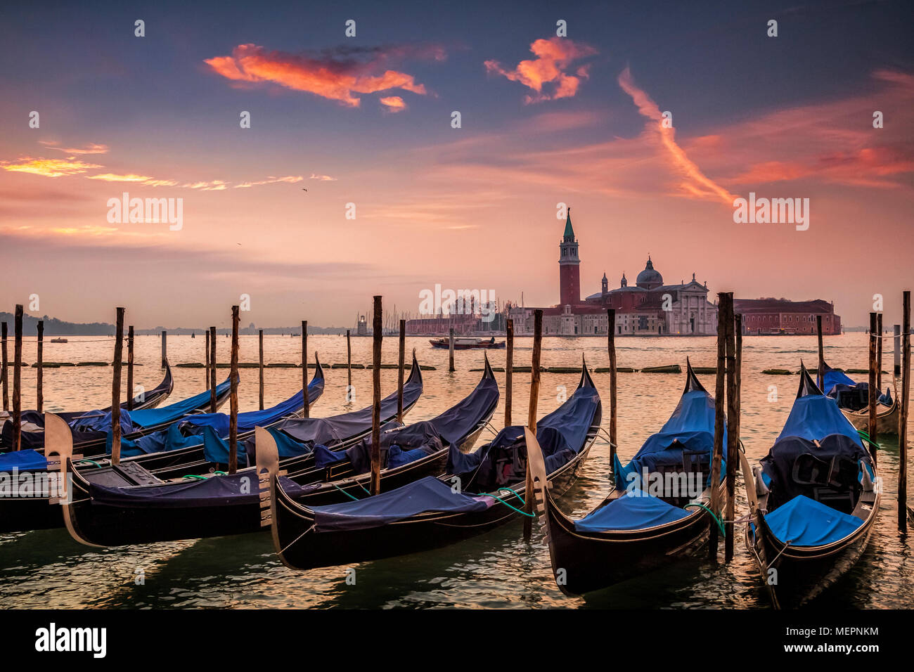 Gondolas at dawn in Venice, Italy Stock Photo