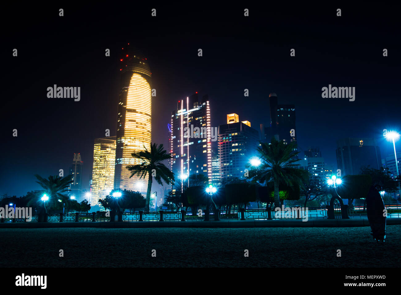 Abu Dhabi Modern Cityscape View From The City Beach At Night Stock