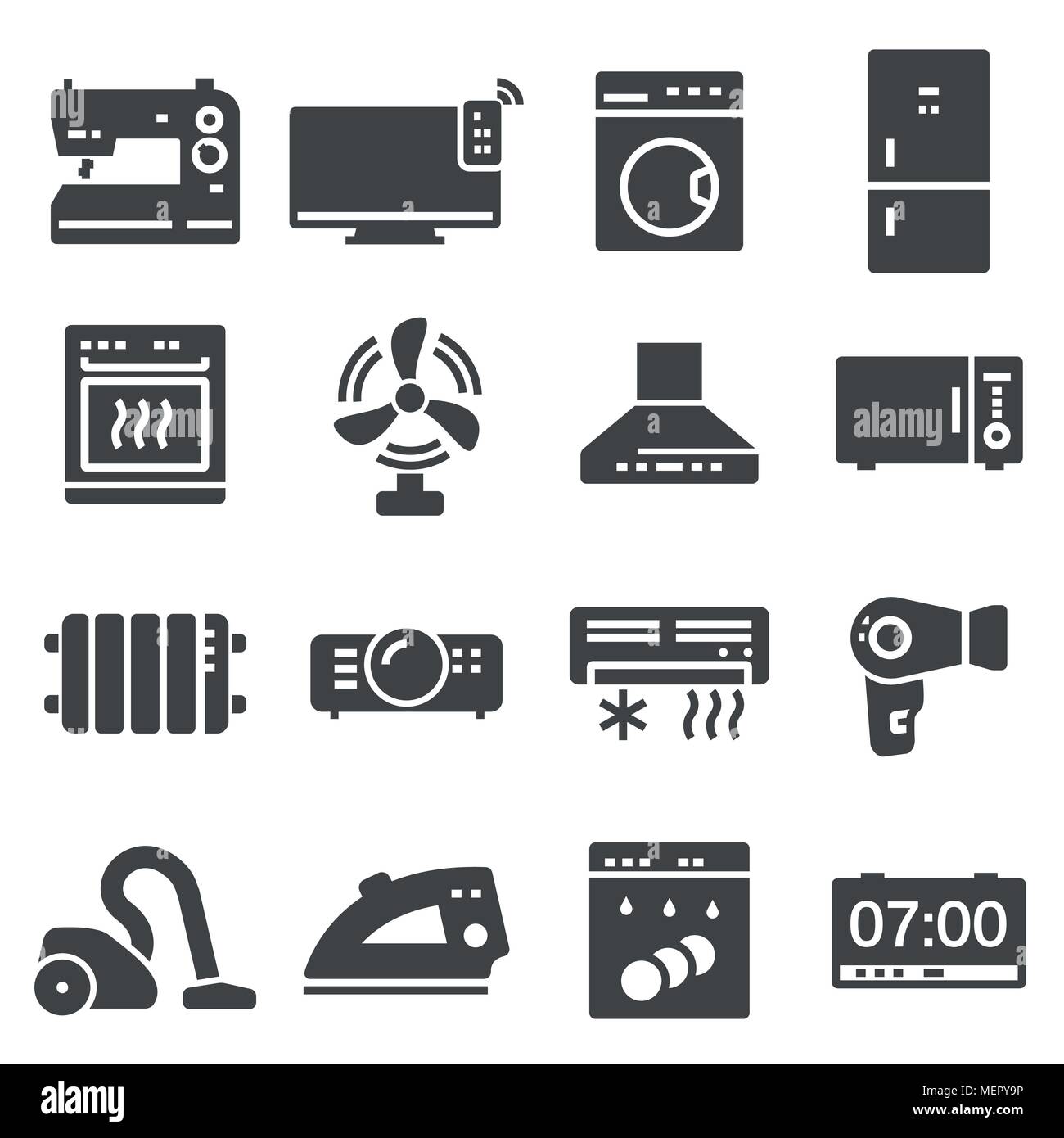 vector black home appliances icons set on white background Stock Vector