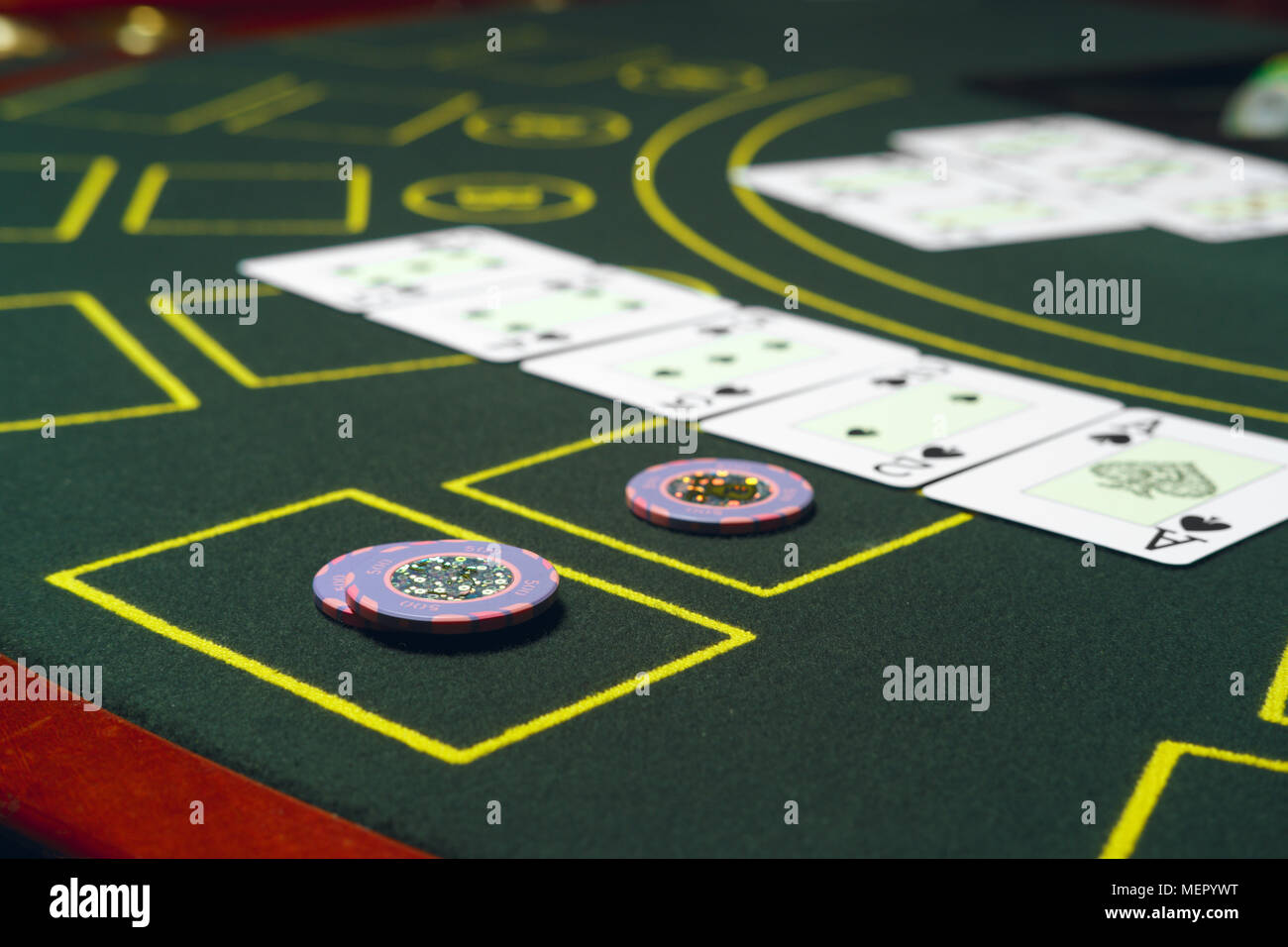 Casino black jack table with chips and cards. Winning combination Stock