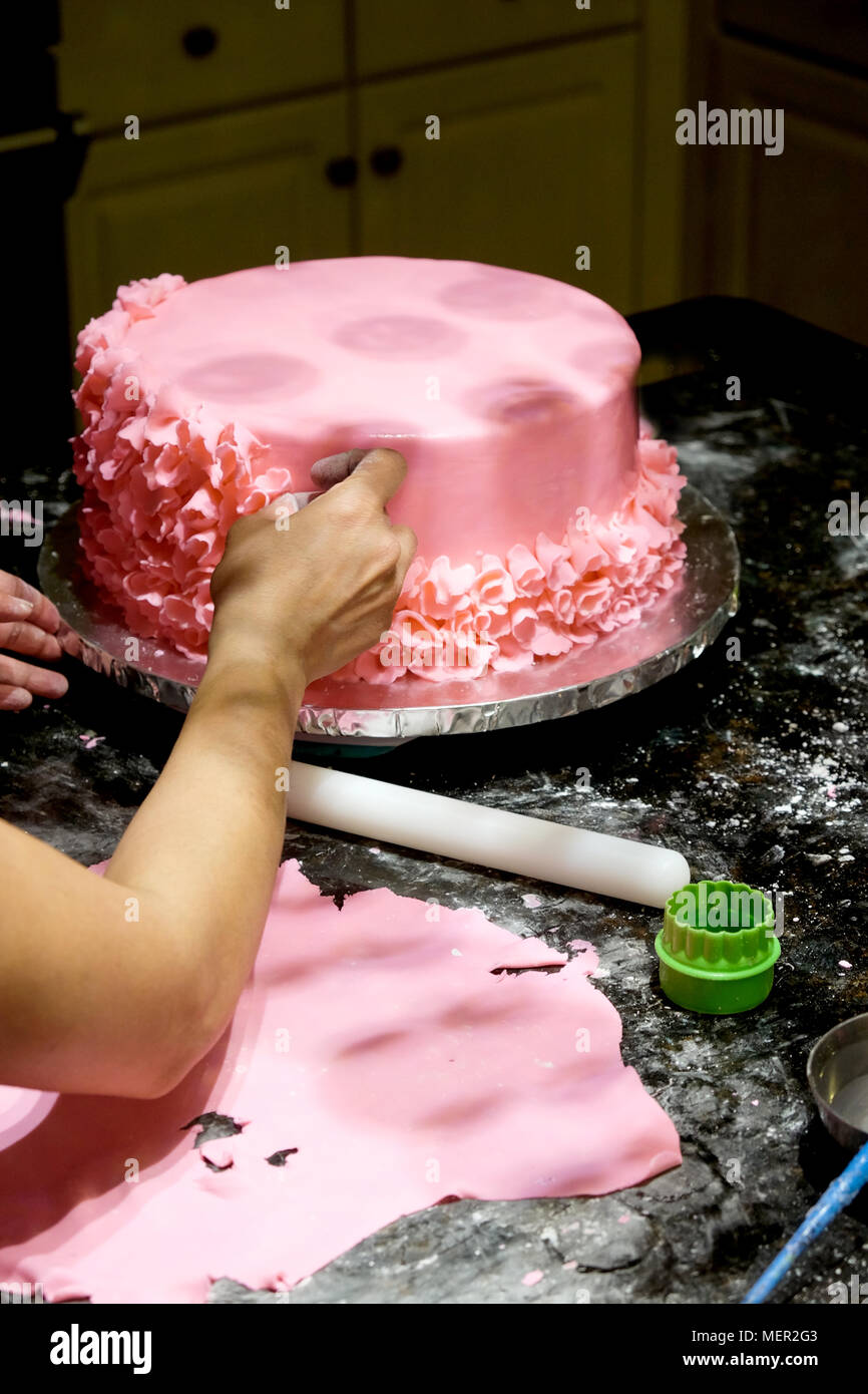 Decorating a cake pink icing flower petals are being place on home made pink icing cake by and asian female hand infront of the cake is a white roliin Stock Photo