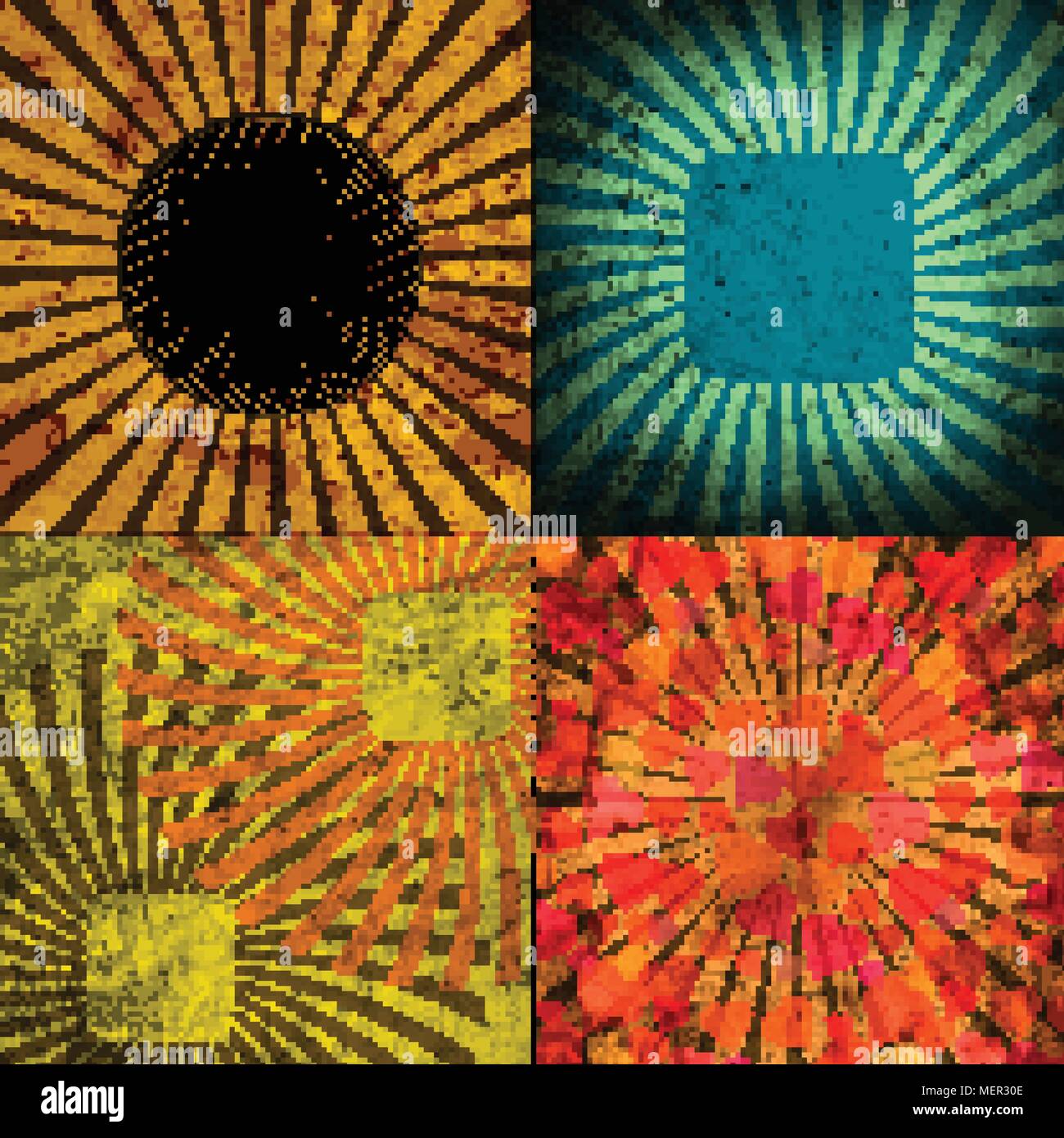 Sunburst Retro Textured Grunge Background Set. Vintage Rays. Vector ...