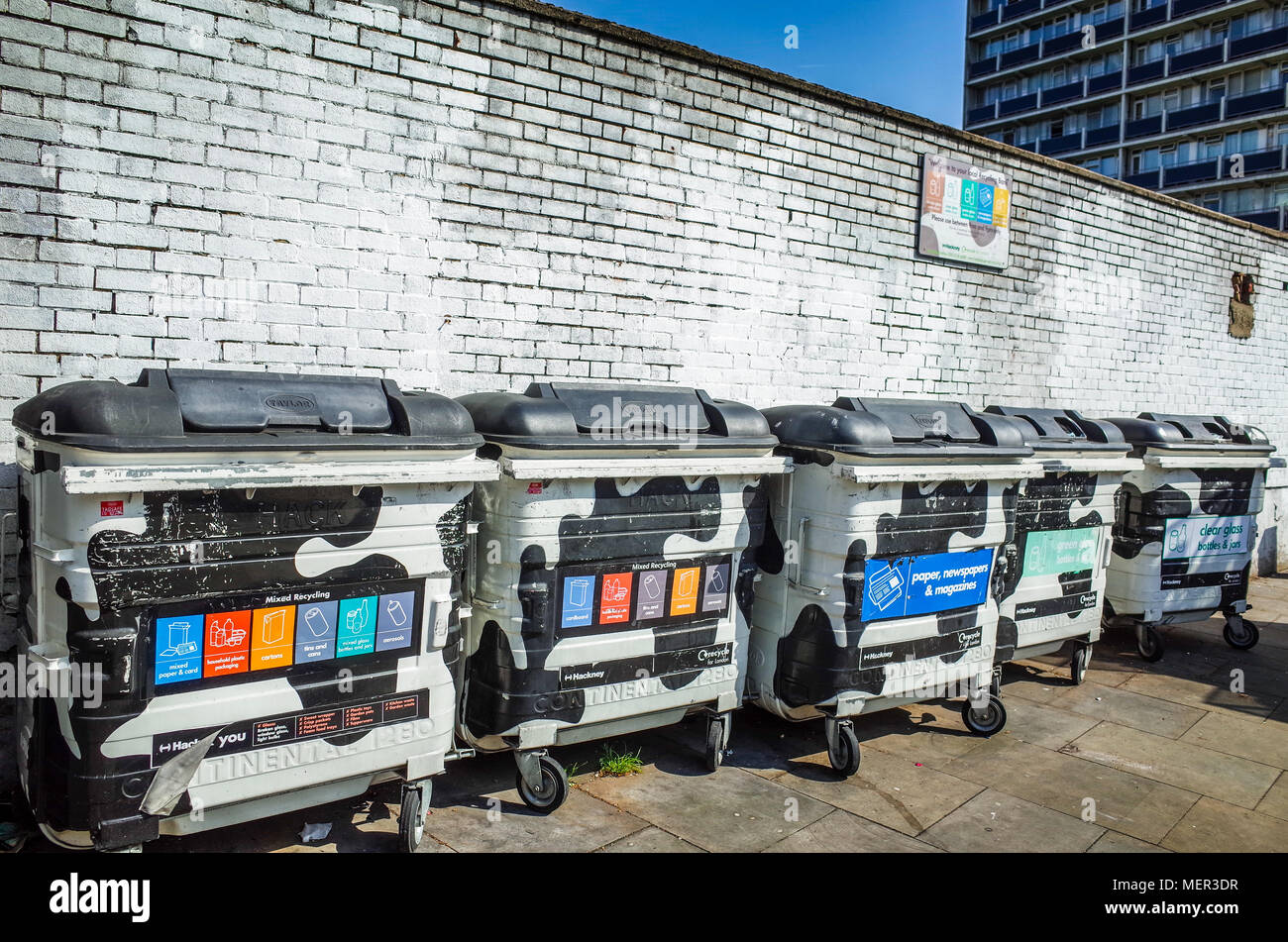 Recycling Bins in Shoreditch, near Old Street Roundabout Stock Photo