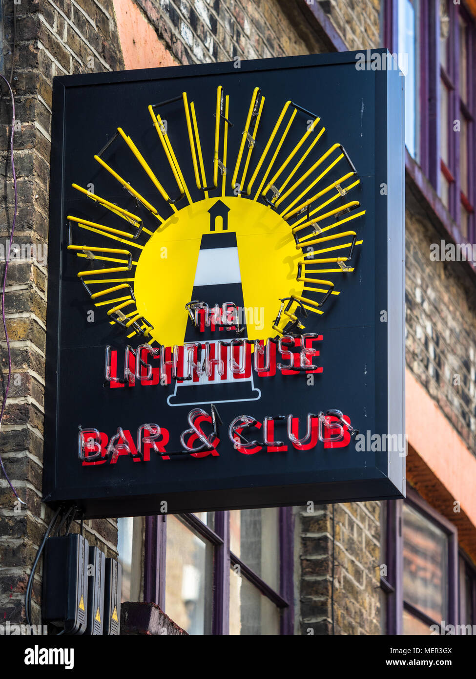 Lighthouse Bar & Club sign in Rivington Street in London's fashionable Shoreditch District Stock Photo