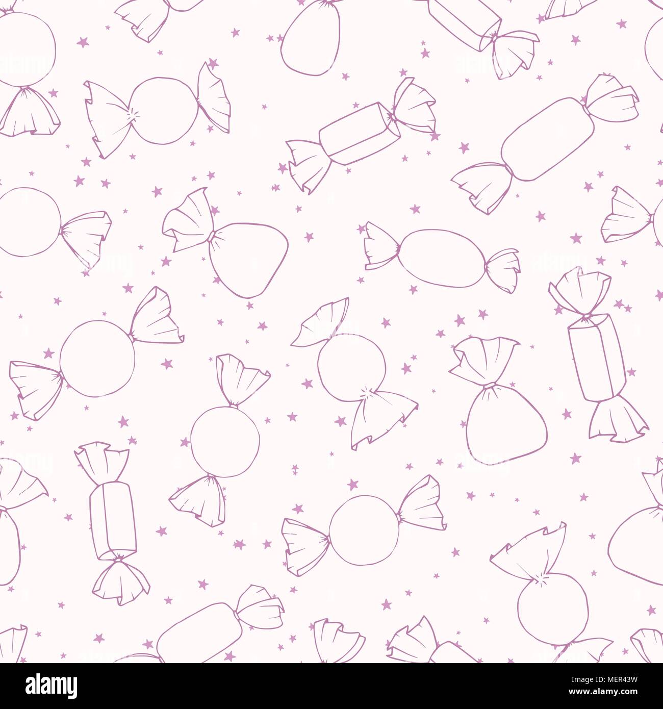 Hand drawn purple vector candies outline seamless pattern on the starry ...
