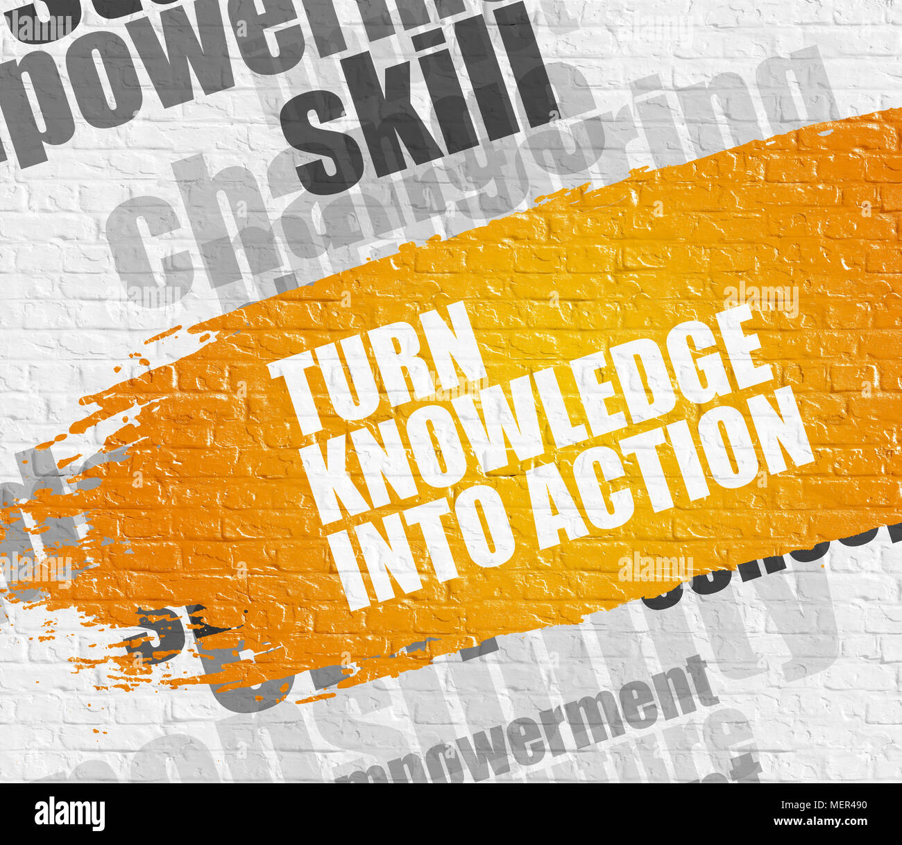 Turn Knowledge Into Action on Brickwall. Stock Photo