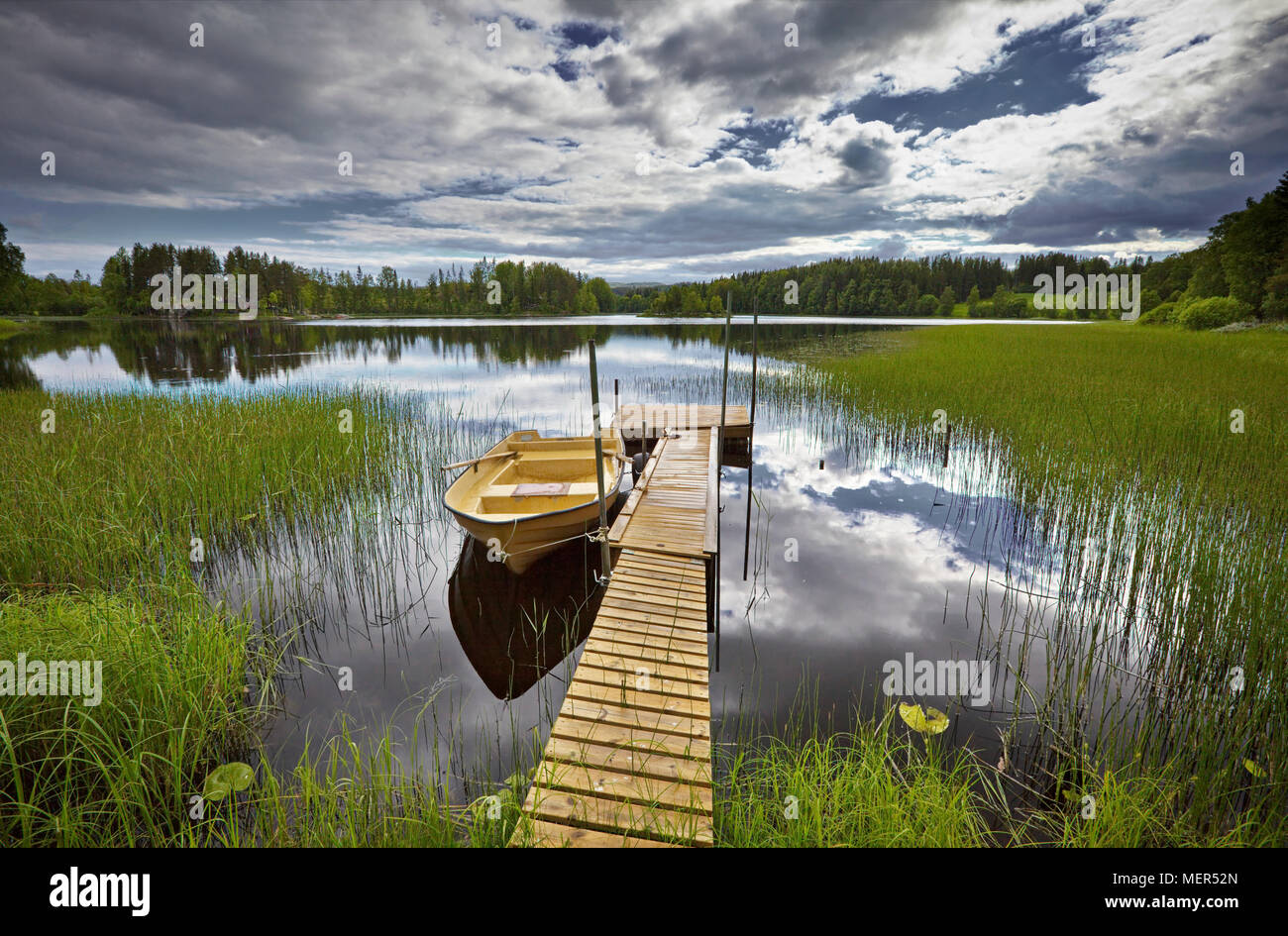 A rowing boat is moored at a jetty in a glassy forest lake Stock Photo ...
