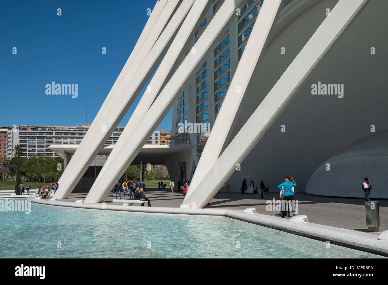 Exterior closeup architectural detail of the Science Museum, City of Arts and Sciences, Valencia, Spain. Stock Photo