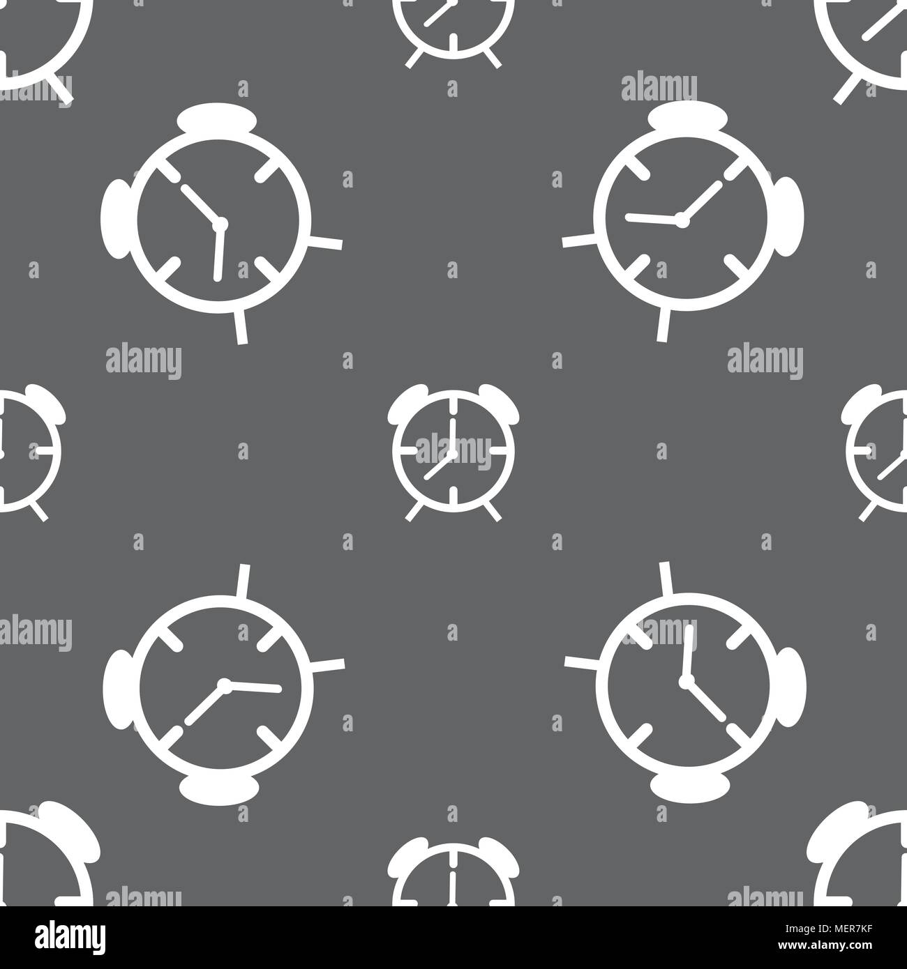 Alarm clock sign icon. Wake up alarm symbol. Seamless pattern on a gray ...
