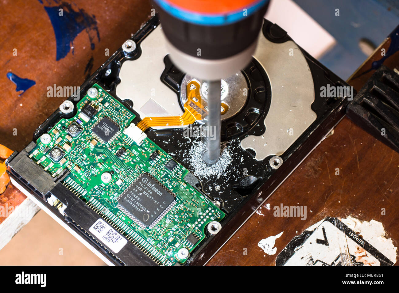 Concept picture, a distressed PC hard drive. Stock Photo