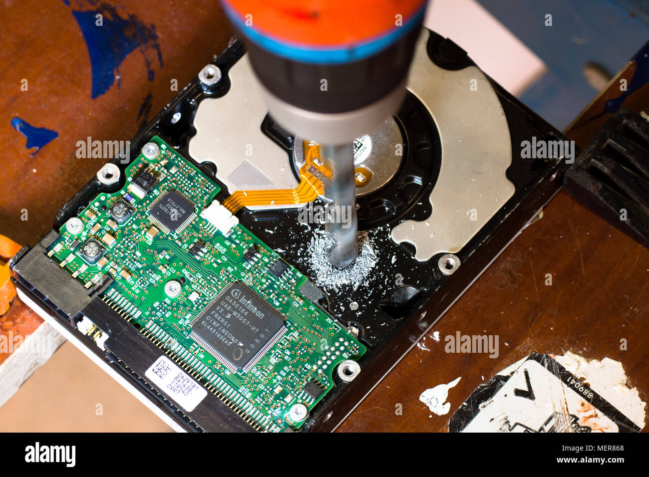 Concept picture, a distressed PC hard drive. Stock Photo