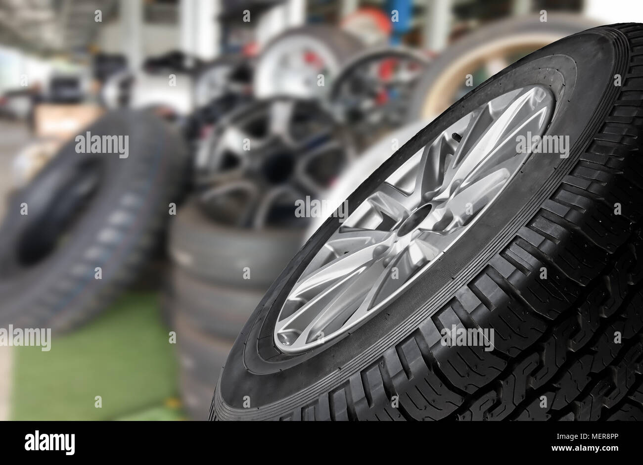 Close up tyre for sell in the carshop Stock Photo