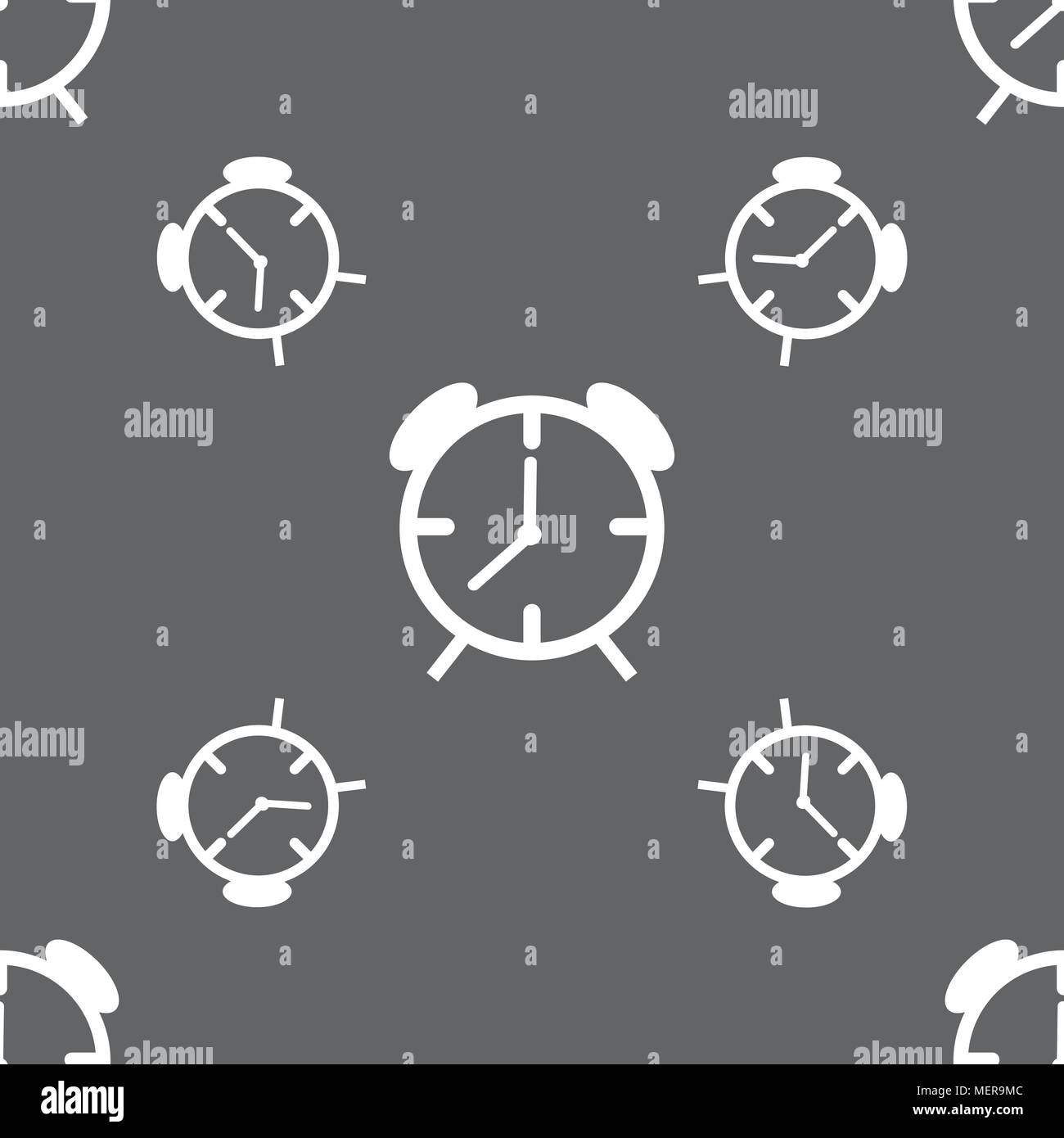 Alarm clock sign icon. Wake up alarm symbol. Seamless pattern on a gray ...