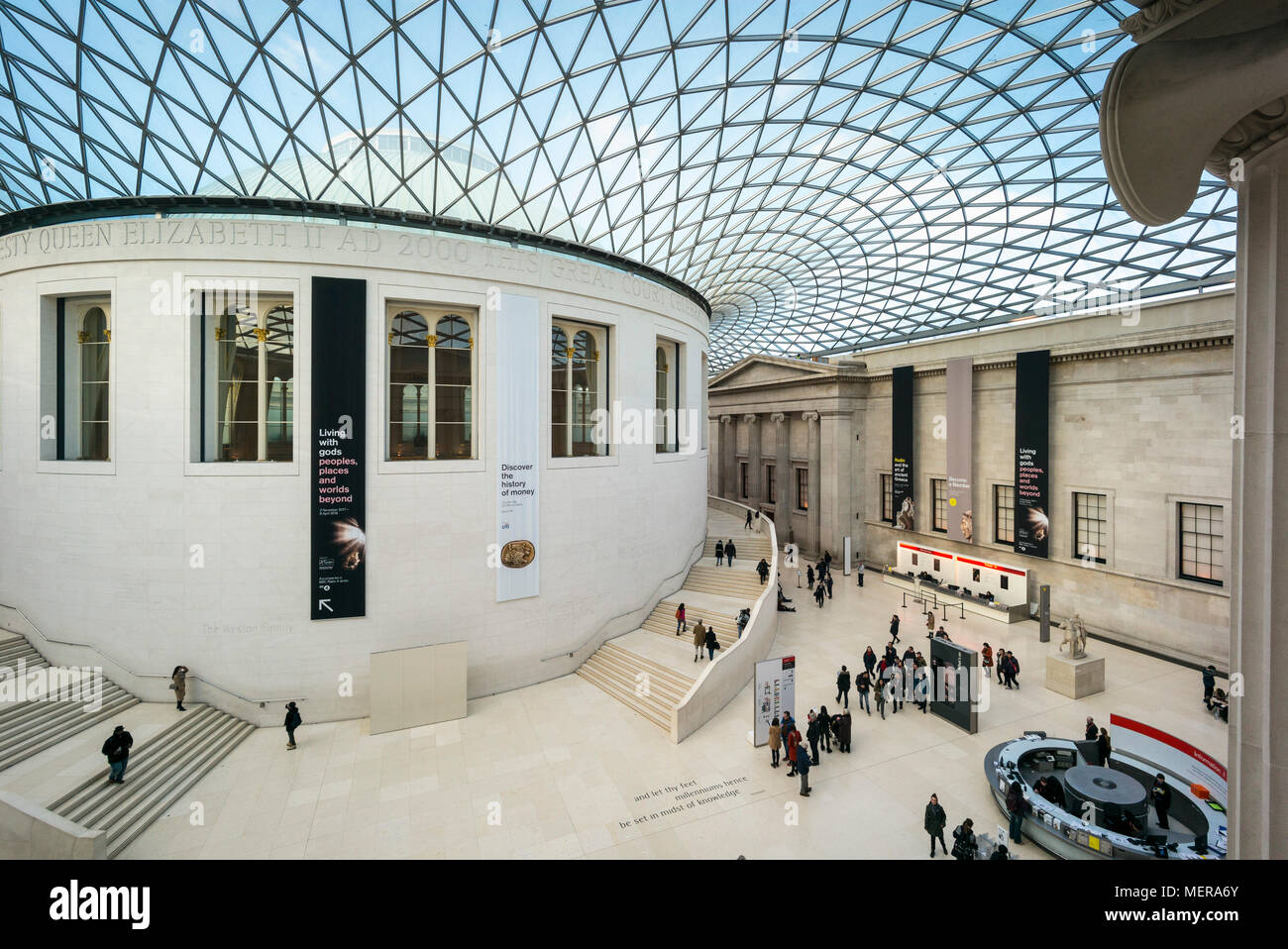 London. England. British Museum, The Great Court, interior, with the Reading room at it's centre.   The Queen Elizabeth II Great Court, designed by Fo Stock Photo