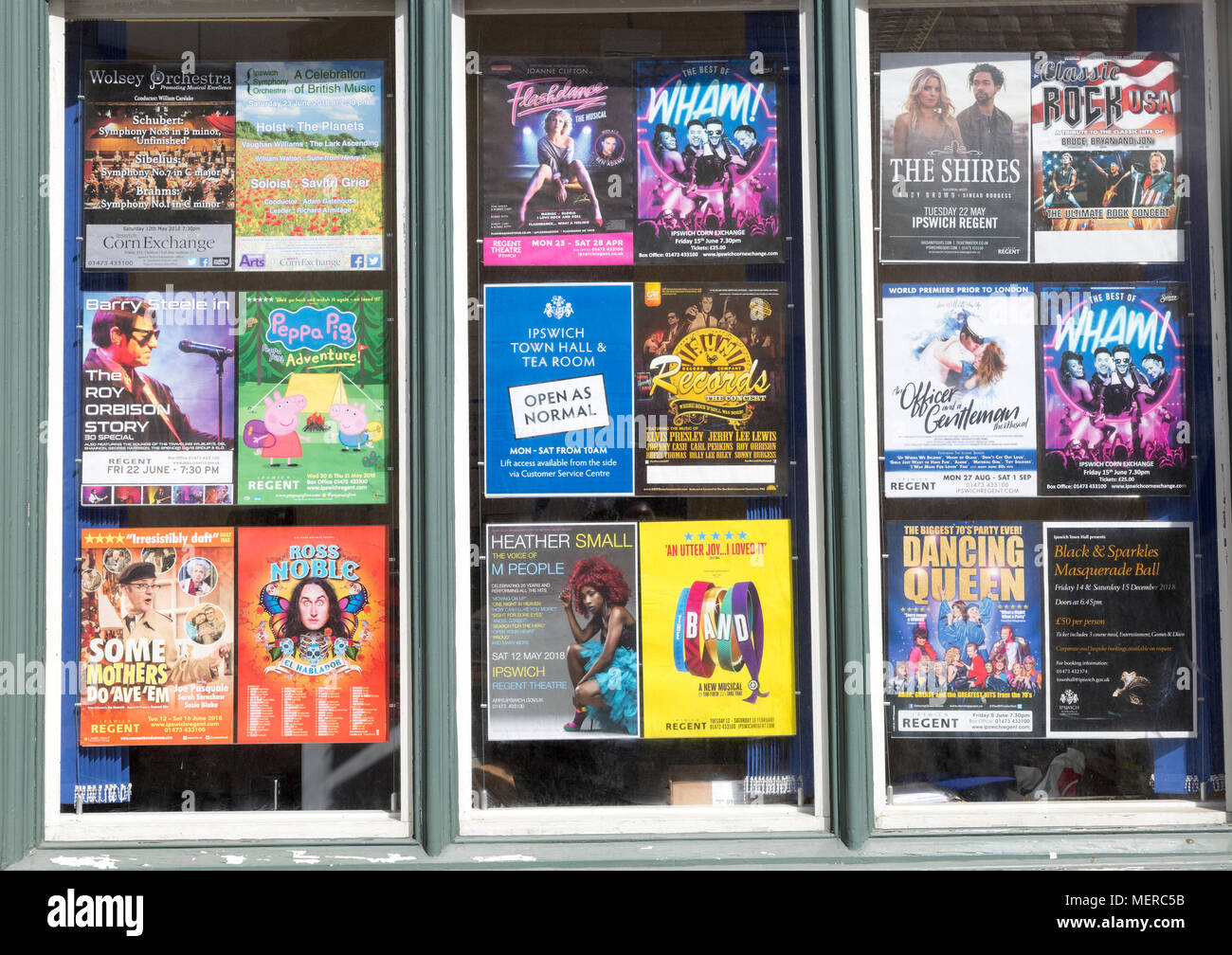 Poster display of upcoming events and performances, Regent theatre
