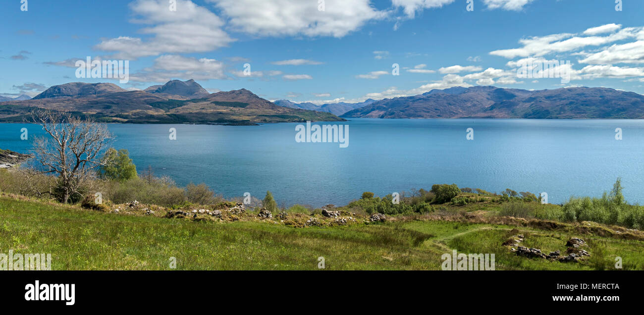 Panoramic view across the Sound of Skye to the mountains of the Scottish Highlands around Knoydart, Loch Hourn, Lochalsh and Lochaber, Scotland, UK Stock Photo