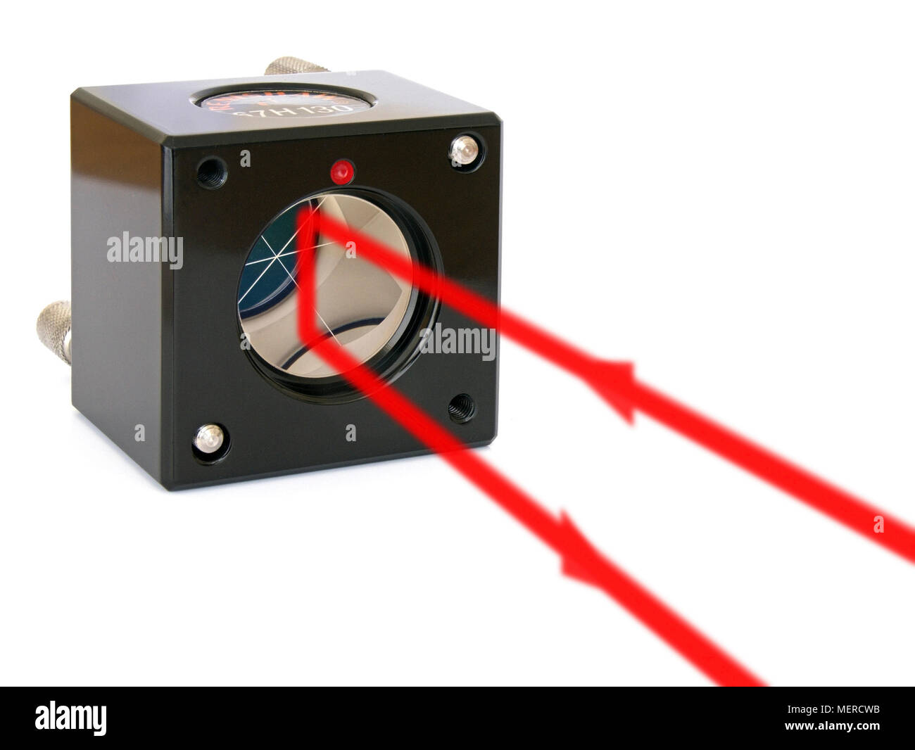 Solid glass optical corner-cube retroreflector from a laser interferometer system shown with reflected red Helium Neon laser beam path superimposed. Stock Photo