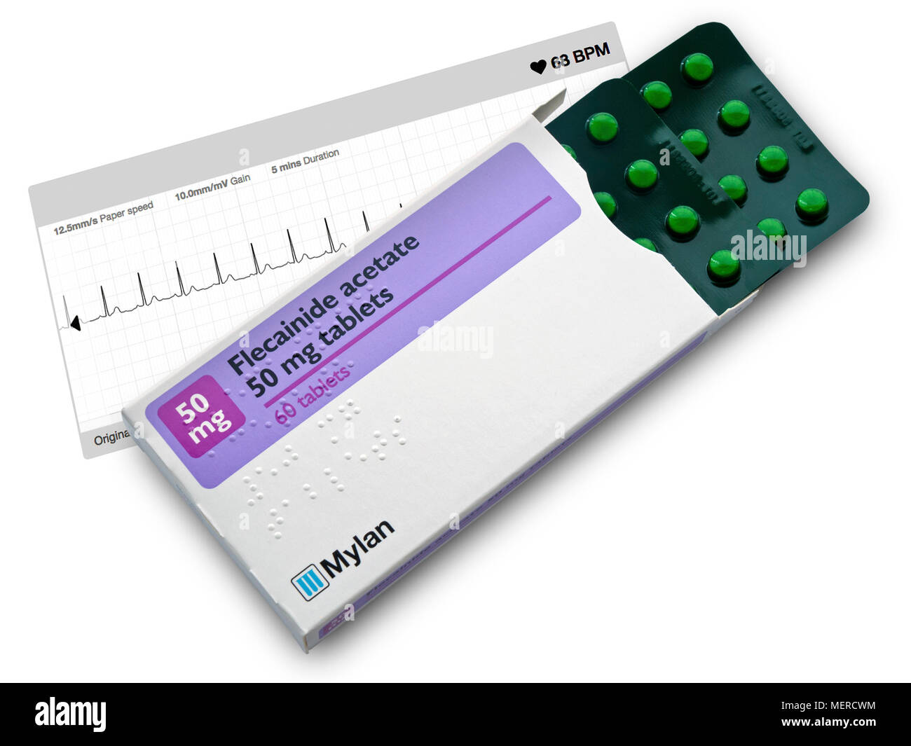 Mylan Flecainide Acetate heart tablets used for treatment of heart arrhythmias including atrial fibrillation with healthy heart ECG trace behind. Stock Photo