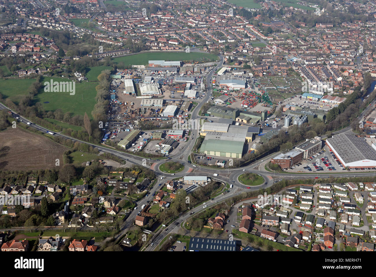 aerial view of industrial estates on the east side of Ripon, North Yorkshire Stock Photo