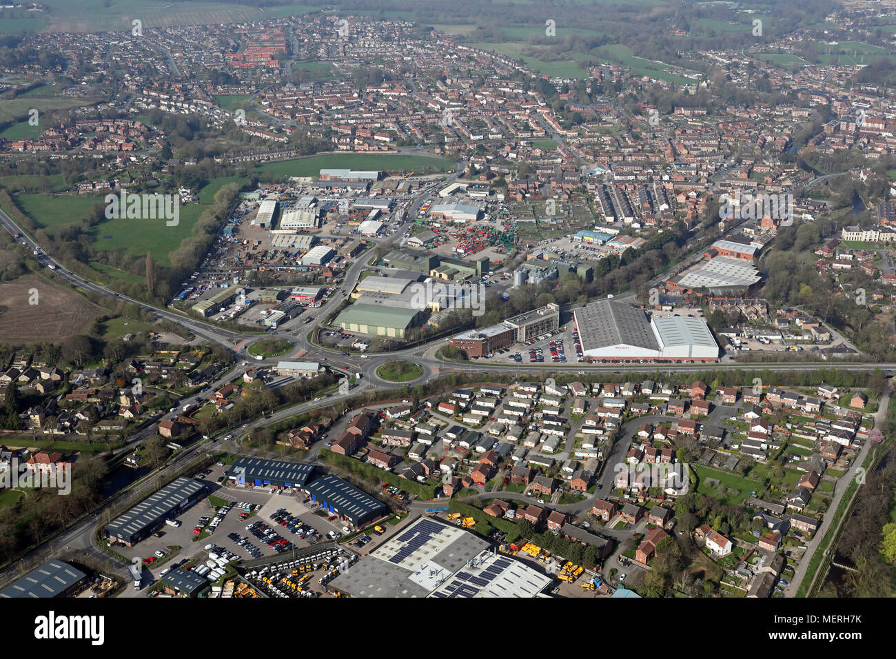 aerial view of industrial estates on the east side of Ripon, North Yorkshire Stock Photo