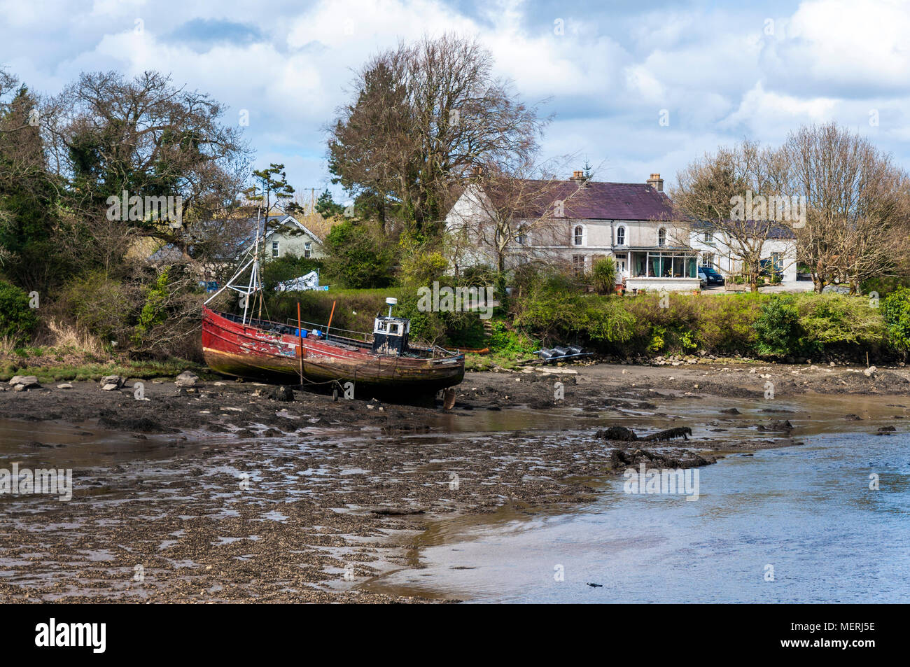 Ramelton, fishing boat wreck and River Lennon, County Donegal, Ireland Stock Photo